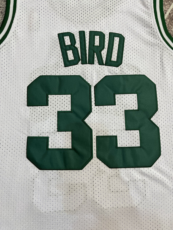 White Boston Celtics basketball jersey, back lettering and number detail