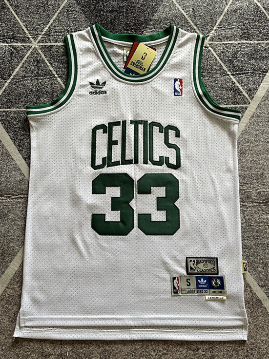 White Boston Celtics basketball jersey, full front view