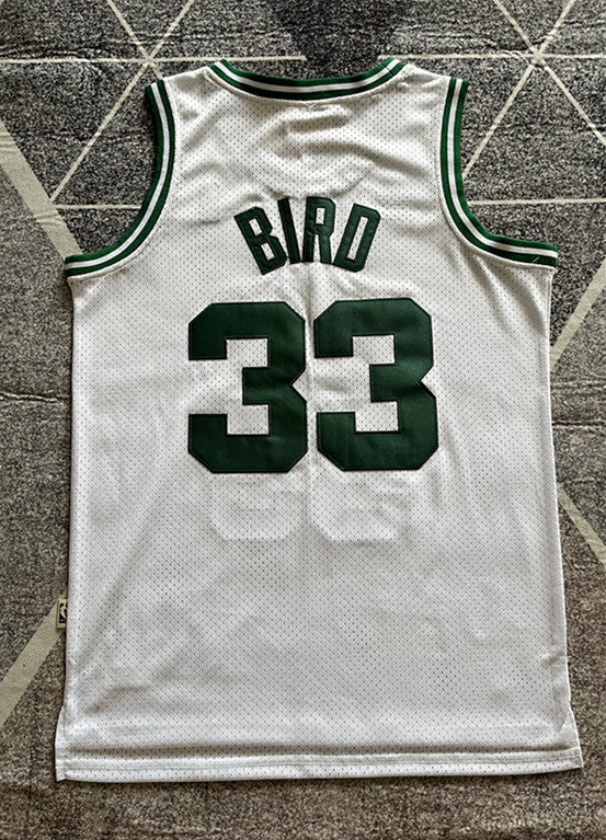 White Boston Celtics basketball jersey, full back view