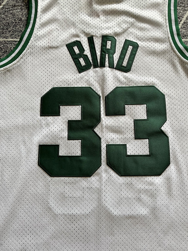 White Boston Celtics basketball jersey, back lettering and number detail