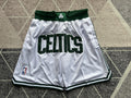 White Boston Celtics premium basketball shorts, full front view