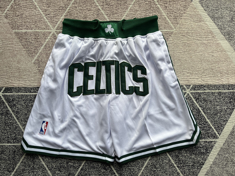 White Boston Celtics premium basketball shorts, full front view