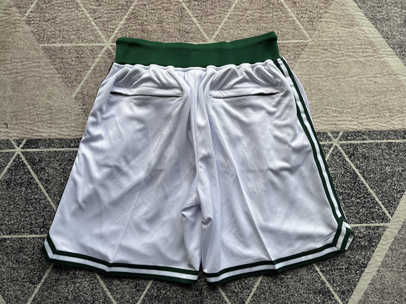 White Boston Celtics premium basketball shorts, full back view
