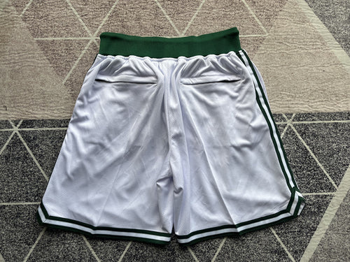 White Boston Celtics premium basketball shorts, full back view