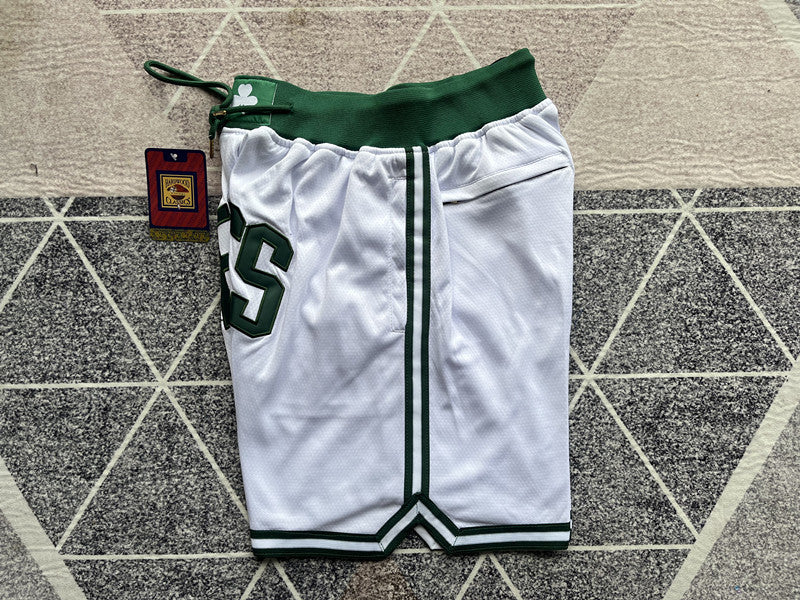White Boston Celtics premium basketball shorts, side panel detail