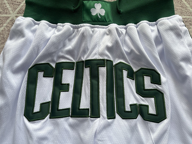 White Boston Celtics premium basketball shorts, graphic detail