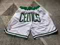 White Boston Celtics premium basketball shorts, full front view