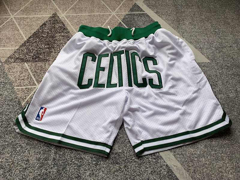 White Boston Celtics premium basketball shorts, full front view