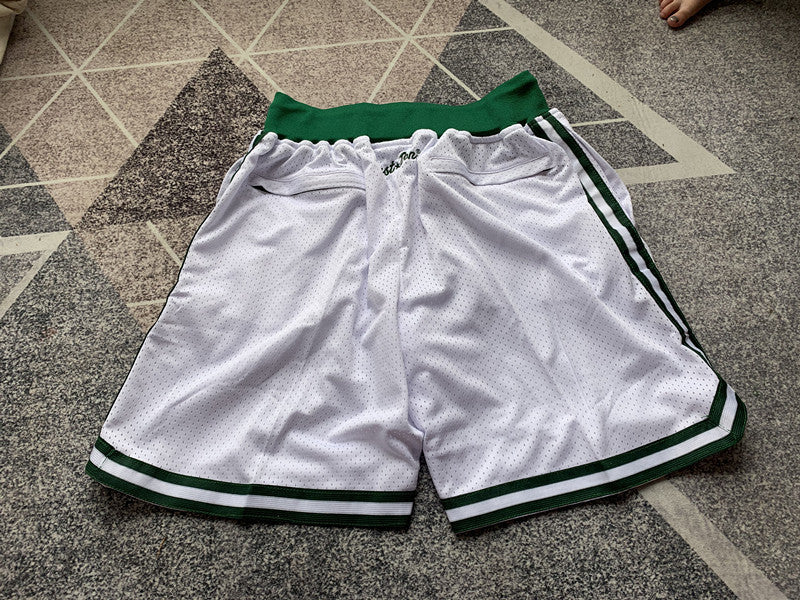White Boston Celtics premium basketball shorts, full back view