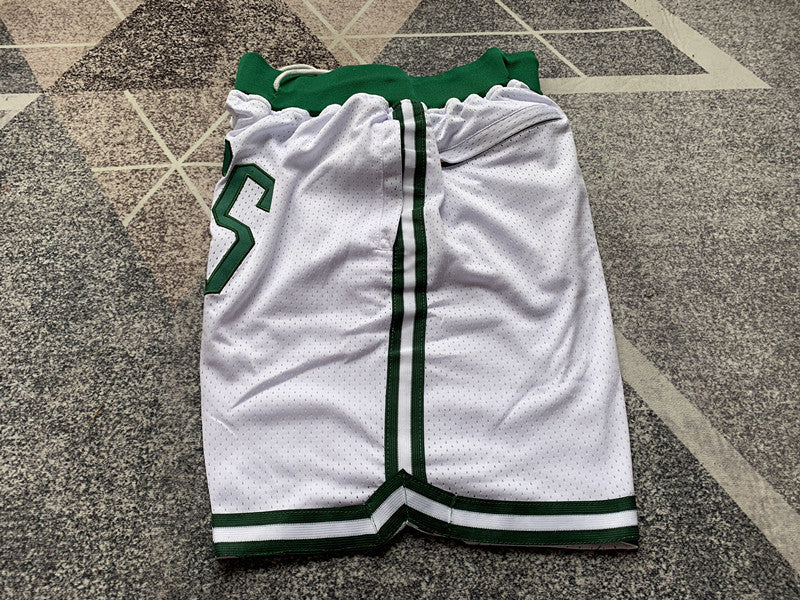 White Boston Celtics premium basketball shorts, side panel detail