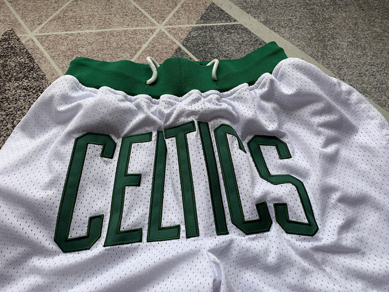 White Boston Celtics premium basketball shorts, graphic detail
