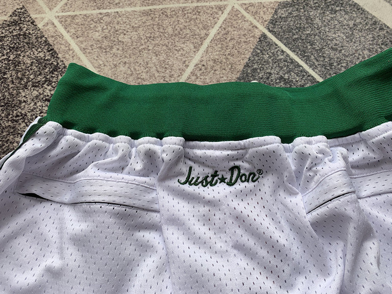 White Boston Celtics premium basketball shorts, waistband and label detail