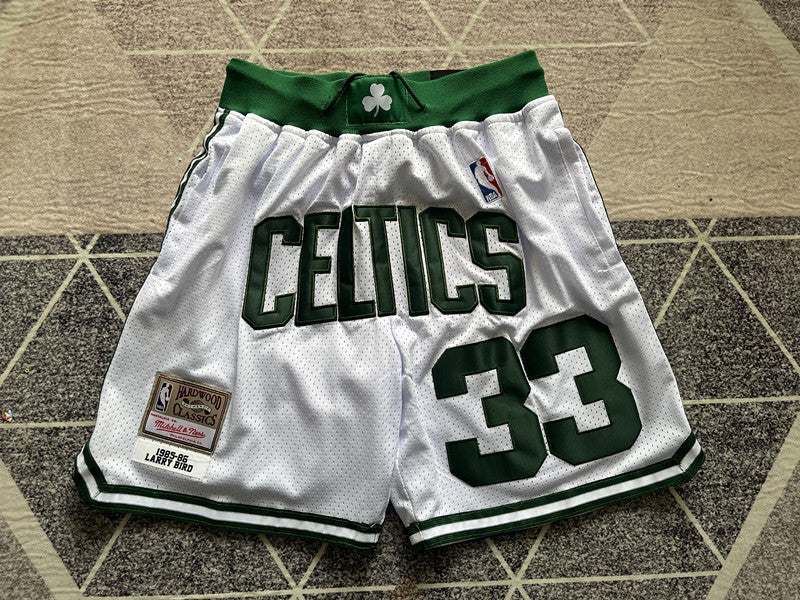 White Boston Celtics premium basketball shorts, full front view