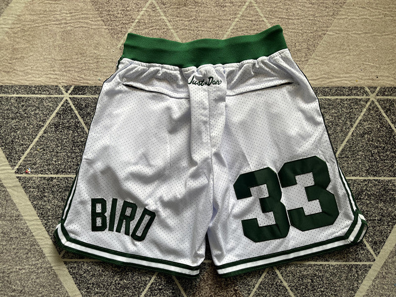 White Boston Celtics premium basketball shorts, full back view