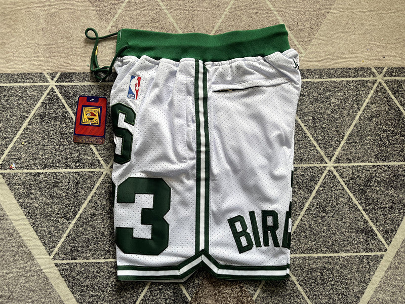 White Boston Celtics premium basketball shorts, side panel detail