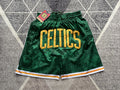 Multi-color Boston Celtics premium basketball shorts, full front view