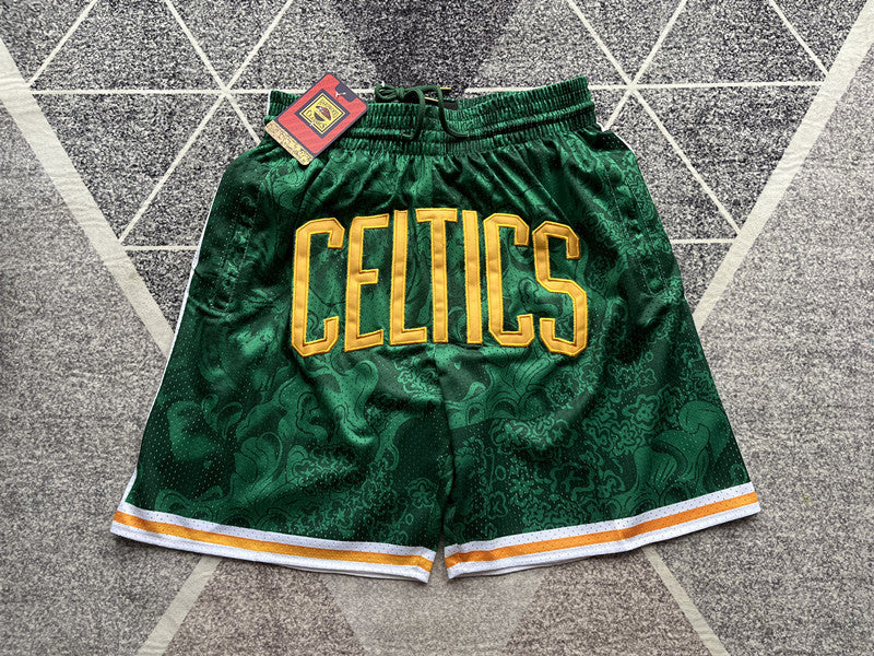Multi-color Boston Celtics premium basketball shorts, full front view