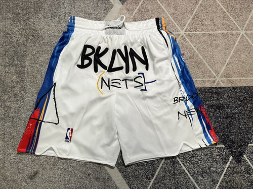 White Brooklyn Nets premium basketball shorts, full front view