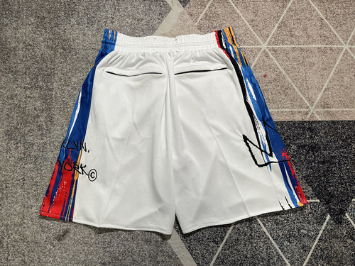 White Brooklyn Nets premium basketball shorts, full back view