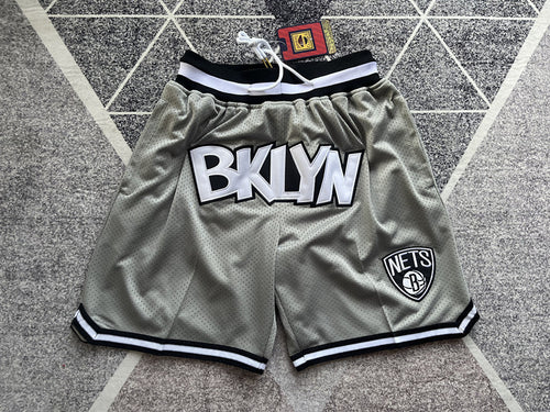 Gray Brooklyn Nets premium basketball shorts, full front view