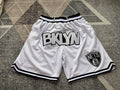 White Brooklyn Nets premium basketball shorts, full front view