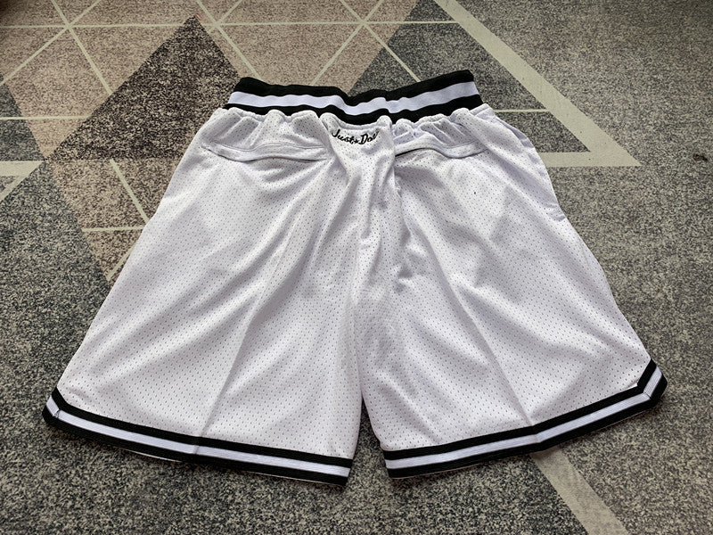 White Brooklyn Nets premium basketball shorts, full back view