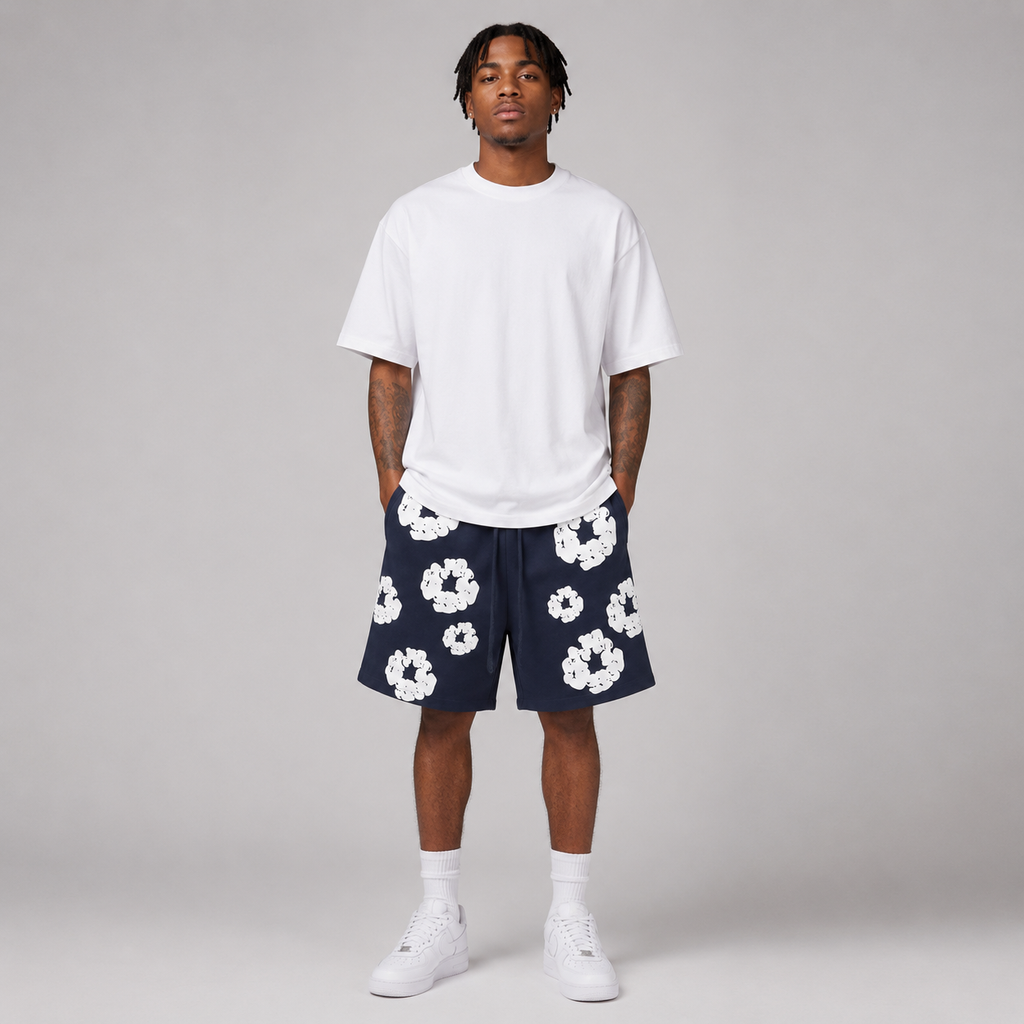 Navy White Puff Floral cotton shorts - front angle view