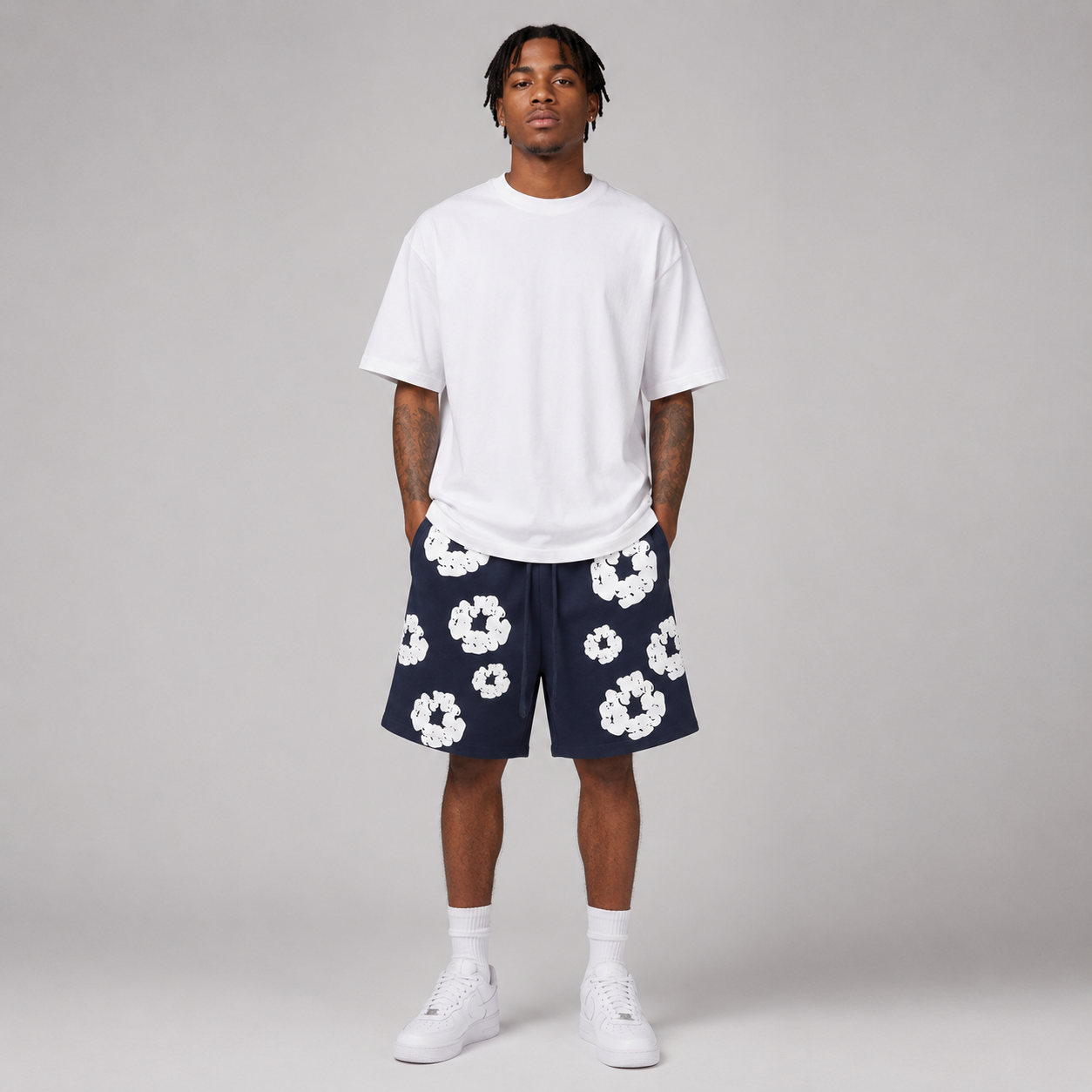 Navy White Puff Floral cotton shorts - front angle view