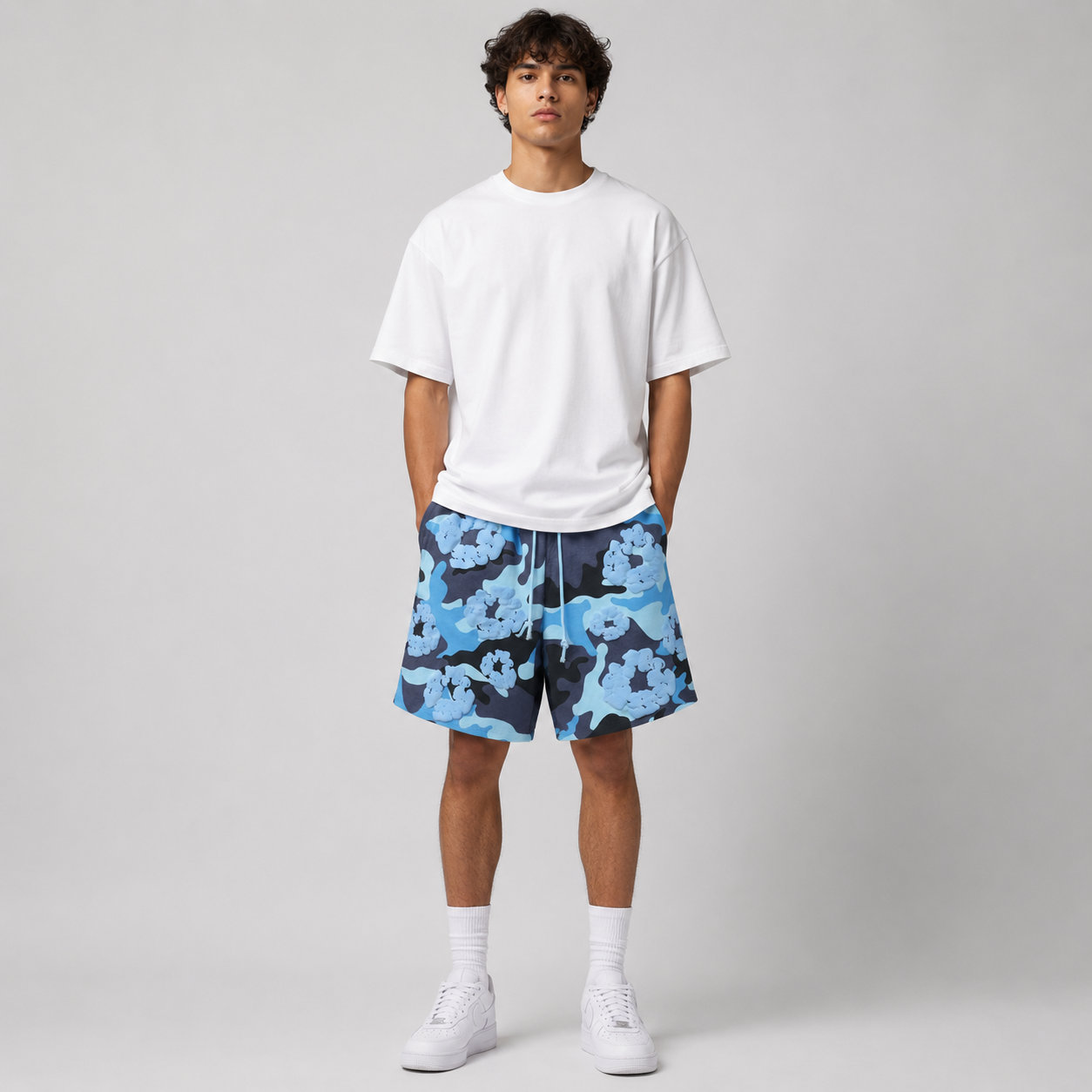 Blue Camo Black Floral cotton shorts - front angle view