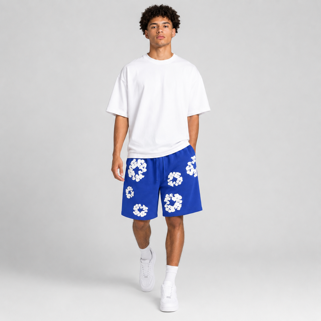 Sky Blue White Floral cotton shorts - detail view