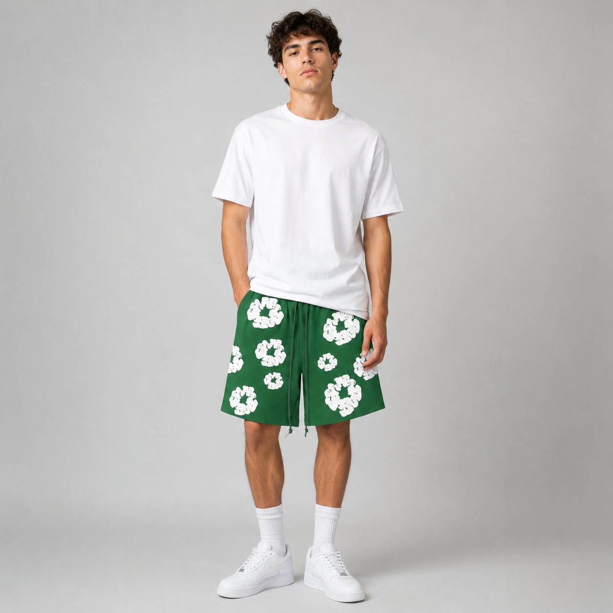 Forest Green White Floral cotton shorts - front angle view