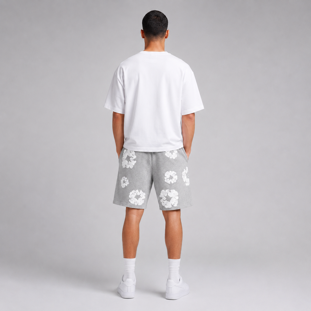 Heather Grey White Puff Floral cotton shorts - side view