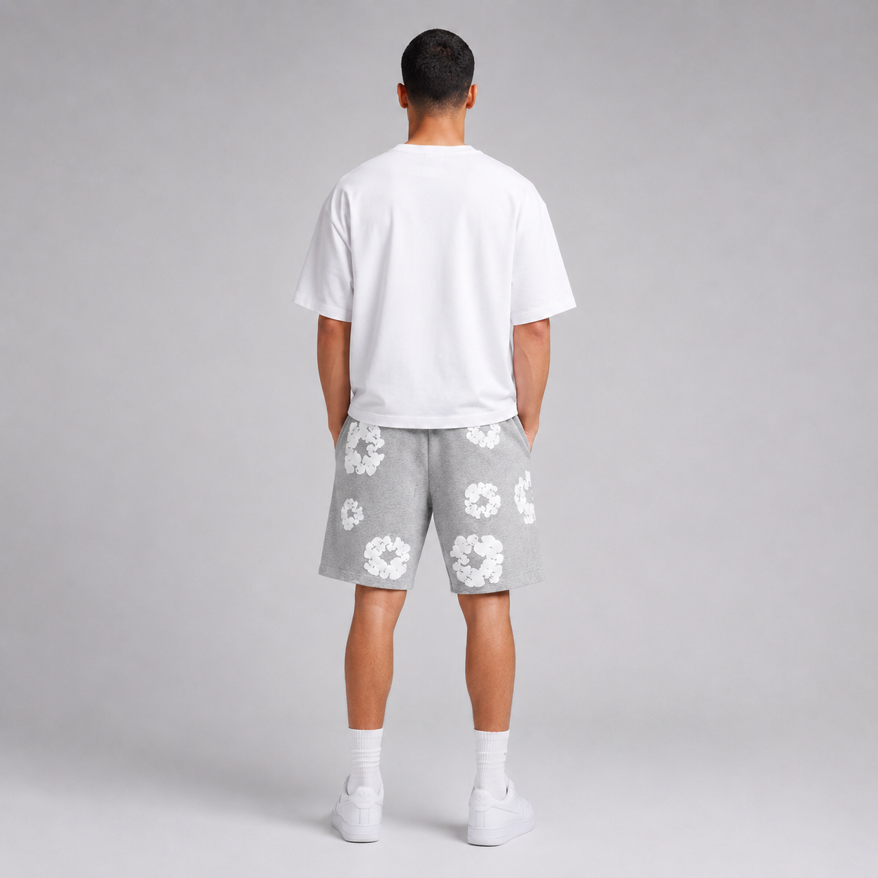 Heather Grey White Puff Floral cotton shorts - side view