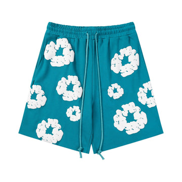 Teal White Puff Floral cotton shorts - front product view