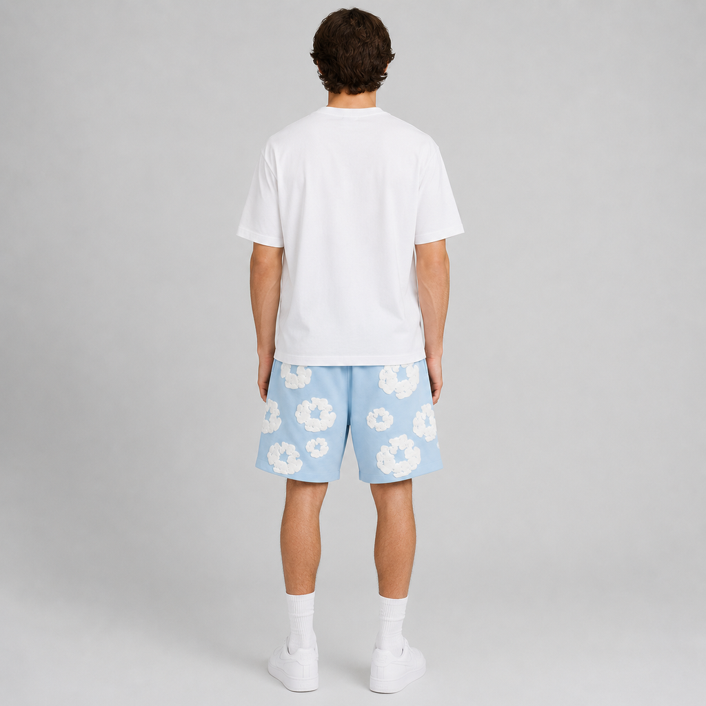 Royal Blue White Puff Floral cotton shorts - side view