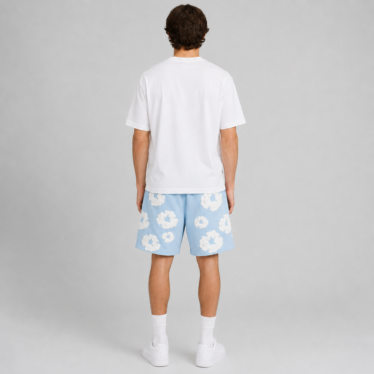 Royal Blue White Puff Floral cotton shorts - side view