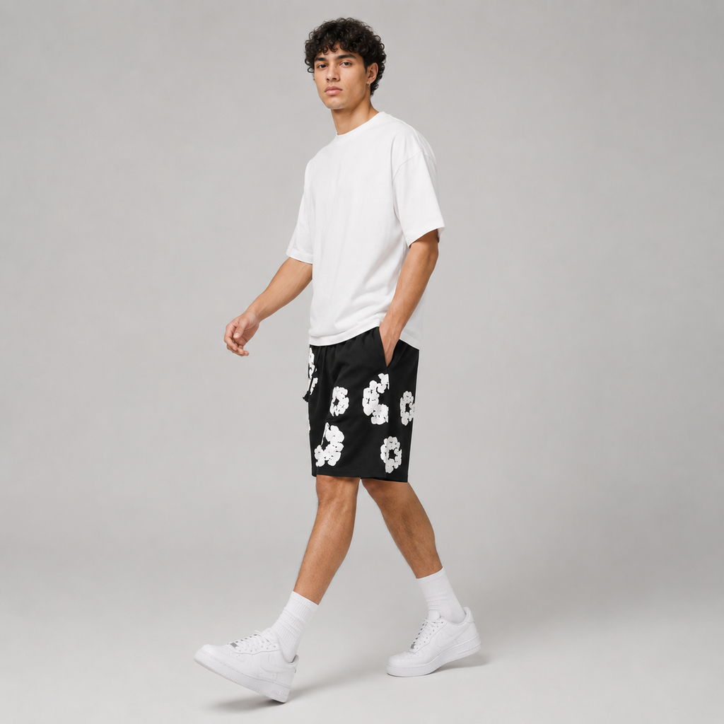 Black White Puff Floral cotton shorts - detail view