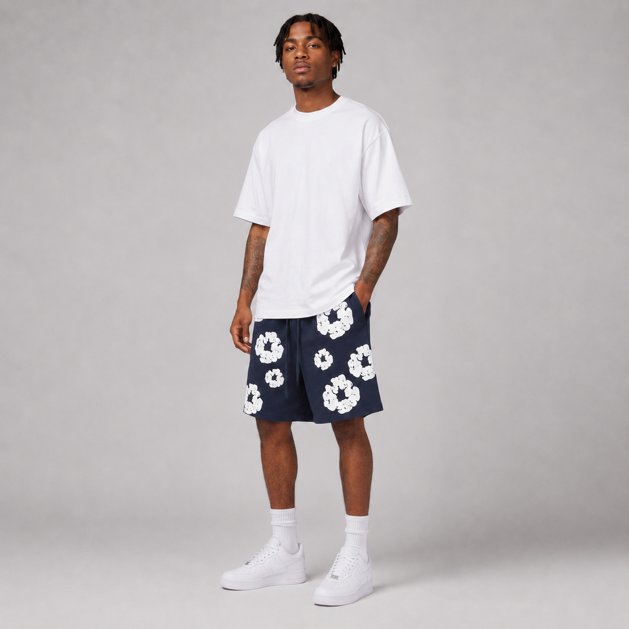 Navy White Puff Floral cotton shorts - side view