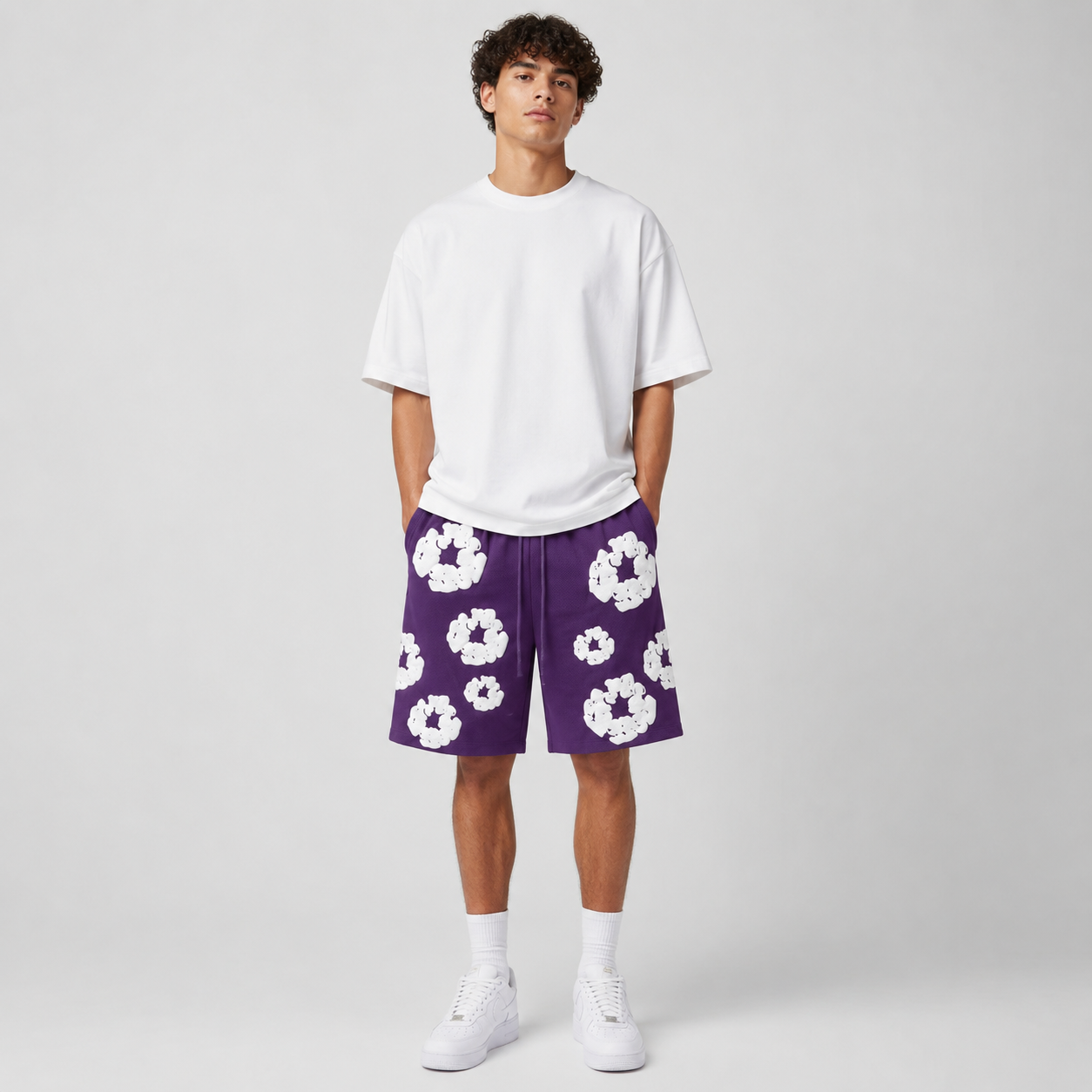 Purple White Floral cotton shorts - front angle view