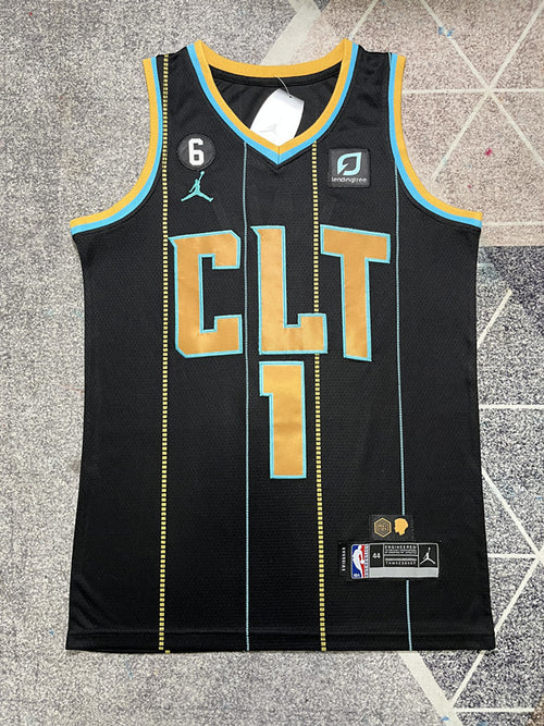 Black Charlotte Hornets basketball jersey, full front view