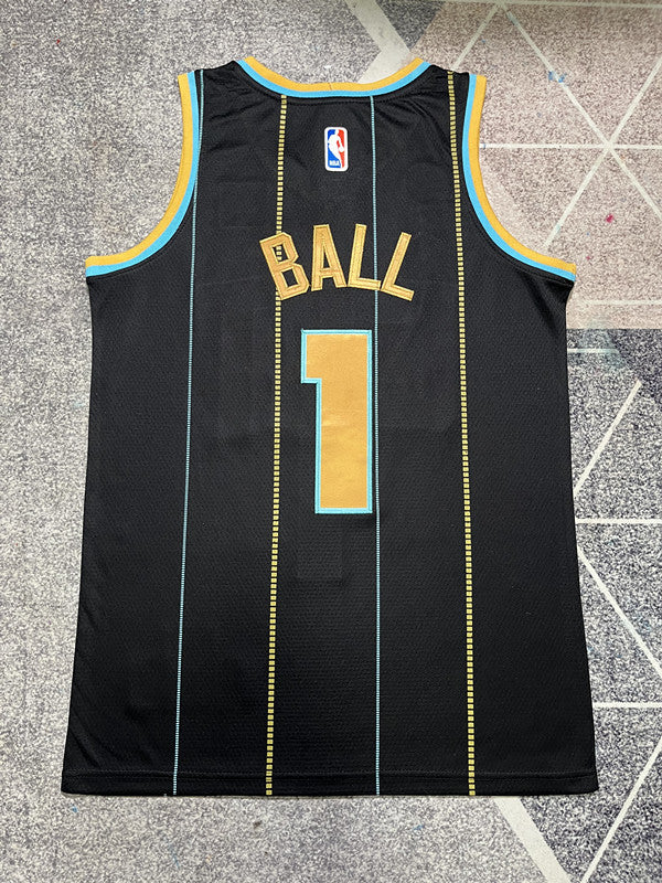 Black Charlotte Hornets basketball jersey, full back view
