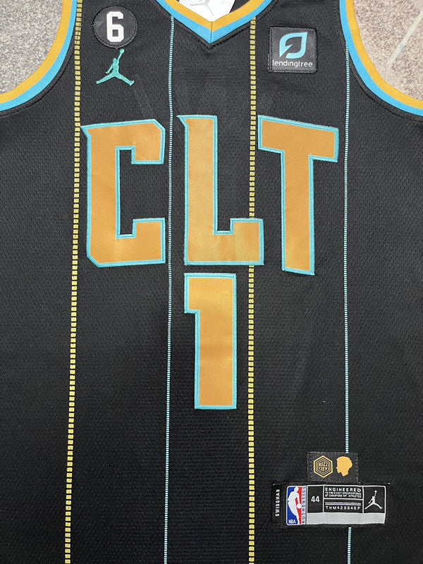 Black Charlotte Hornets basketball jersey, front graphic detail