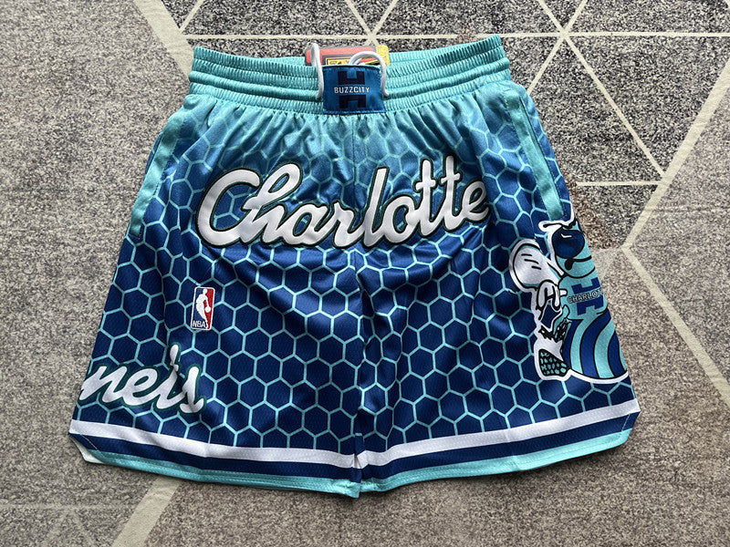 Blue Charlotte Hornets premium basketball shorts, full front view