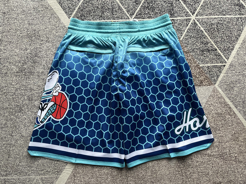 Blue Charlotte Hornets premium basketball shorts, full back view