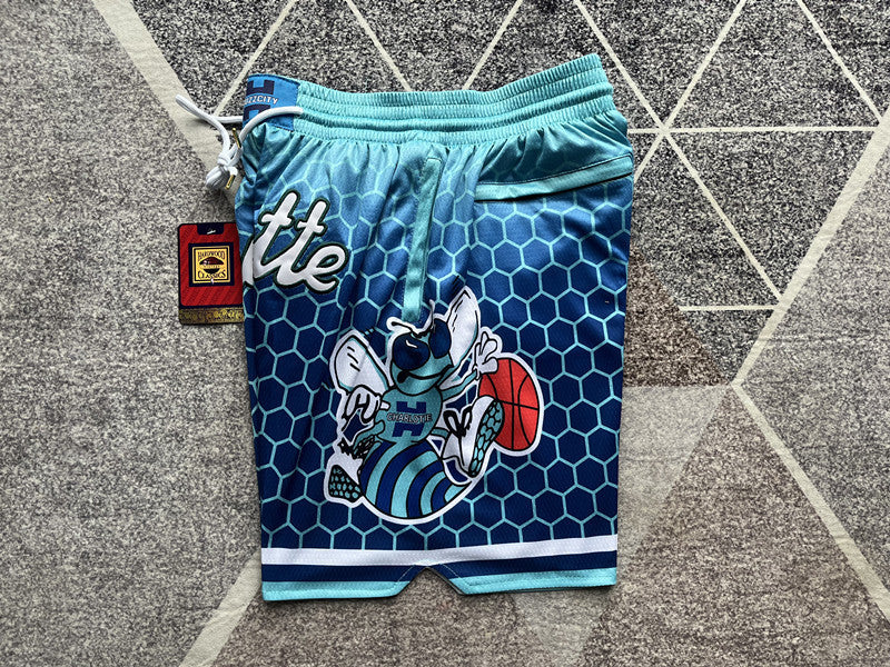 Blue Charlotte Hornets premium basketball shorts, side panel detail
