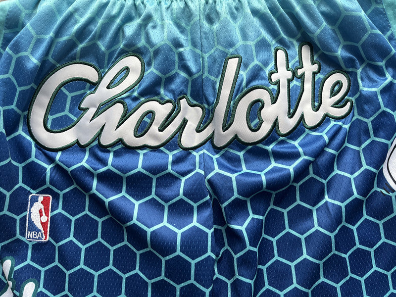 Blue Charlotte Hornets premium basketball shorts, graphic detail