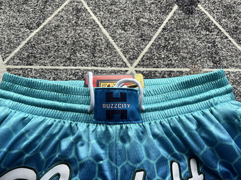 Blue Charlotte Hornets premium basketball shorts, waistband and label detail