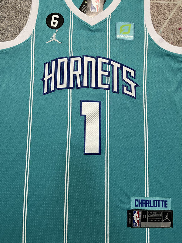 Light Blue Charlotte Hornets basketball jersey, back lettering and number detail