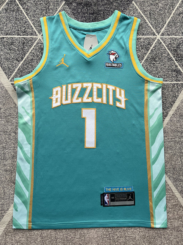 Green Charlotte Hornets basketball jersey, full front view