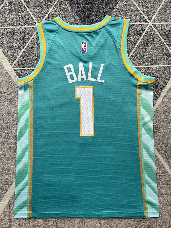 Green Charlotte Hornets basketball jersey, full back view